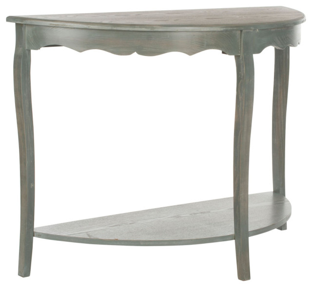 Console Table, Pine Wood Frame With Carved Accents & Half Moon Top, French Gray