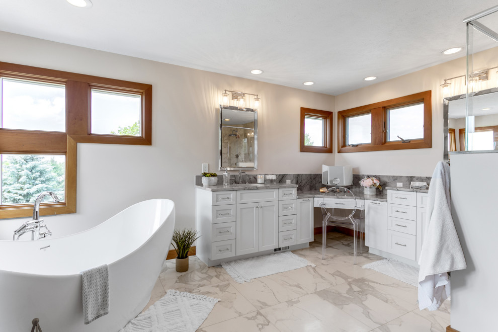 Large transitional master porcelain tile, beige floor and double-sink bathroom photo with shaker cabinets, white cabinets, black walls, an undermount sink, gray countertops and a built-in vanity