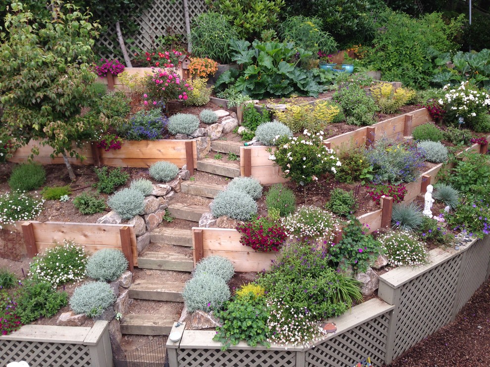 This is an example of a large country full sun formal garden in San Francisco with a retaining wall and mulch.