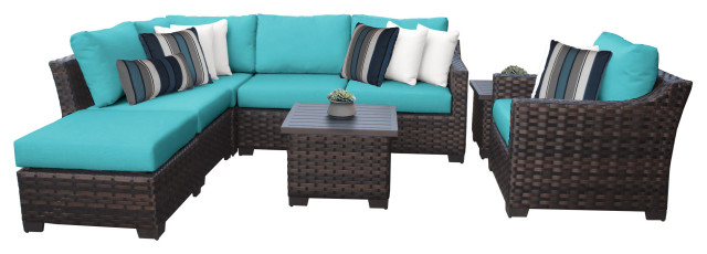 Kathy Ireland River Brook 8 Piece Wicker Patio Furniture Set Aqua Tropical Outdoor Lounge Sets By Tk Classics Houzz Kathy Ireland River Brook 8 Piece, Aqua Outdoor Furniture