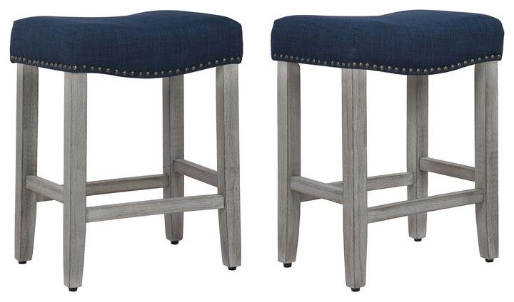 24" Upholstered Saddle Seat Counter Stool (Set of 2) in Navy Blue