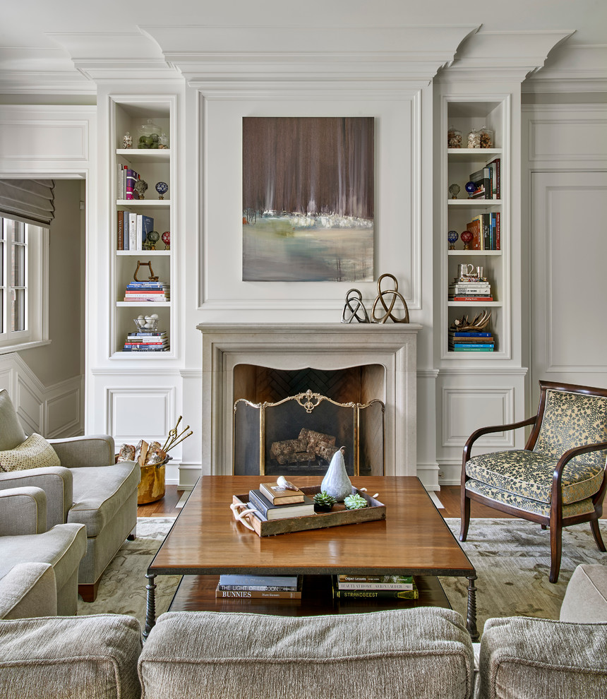 Inspiration for a large traditional open concept family room in Chicago with grey walls, dark hardwood floors, a standard fireplace and a stone fireplace surround.