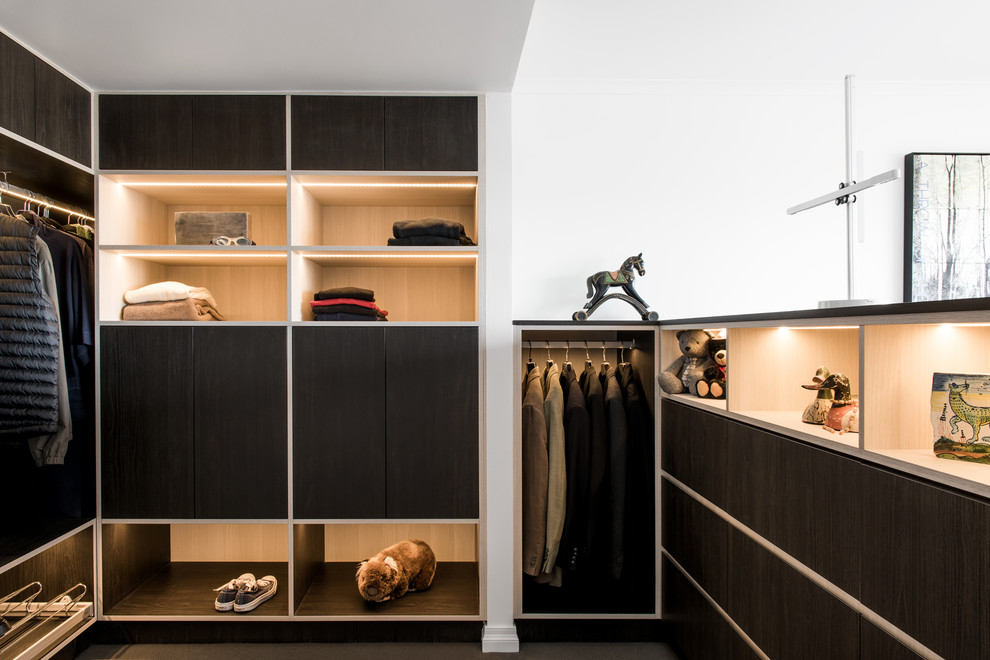 Inspiration for a mid-sized storage and wardrobe in Other with carpet and grey floor.