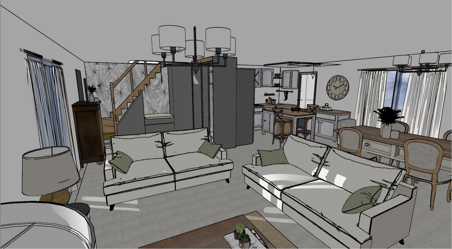 Propositions en projection 3D du futur espace entrée, séjour/salon, cuisine d'une maison en construction