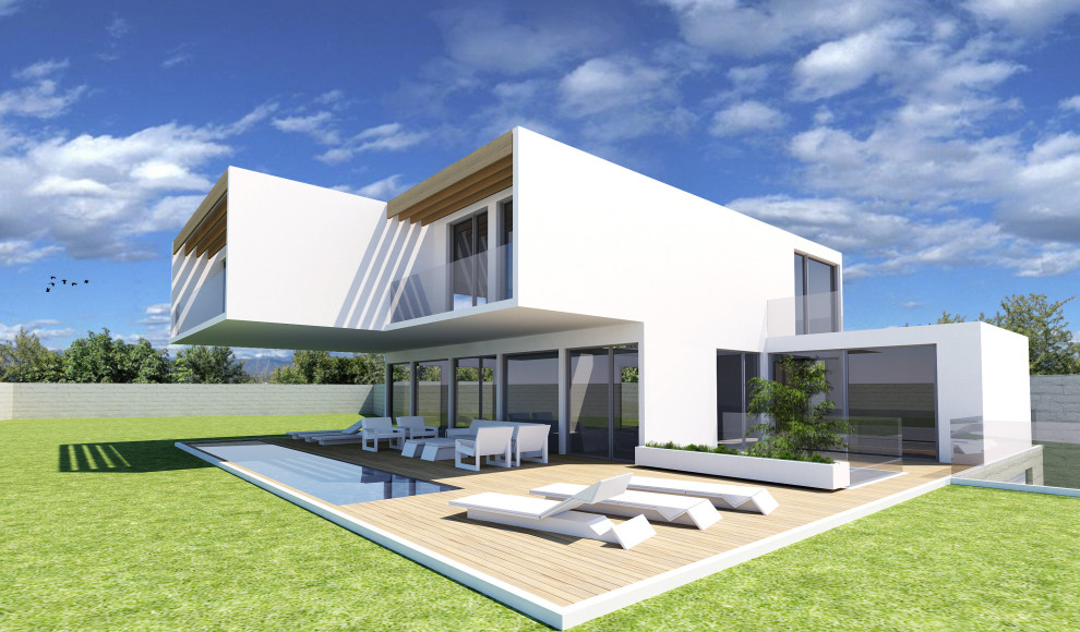 Idées déco pour une très grande façade de maison blanche moderne à deux étages et plus avec un revêtement mixte, un toit plat, un toit mixte et un toit blanc.