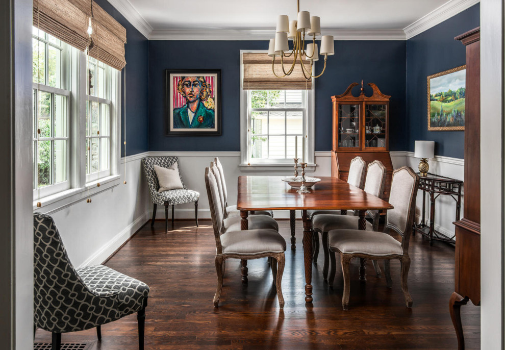 Inspiration for a transitional separate dining room in Nashville with blue walls, dark hardwood floors, brown floor and decorative wall panelling.