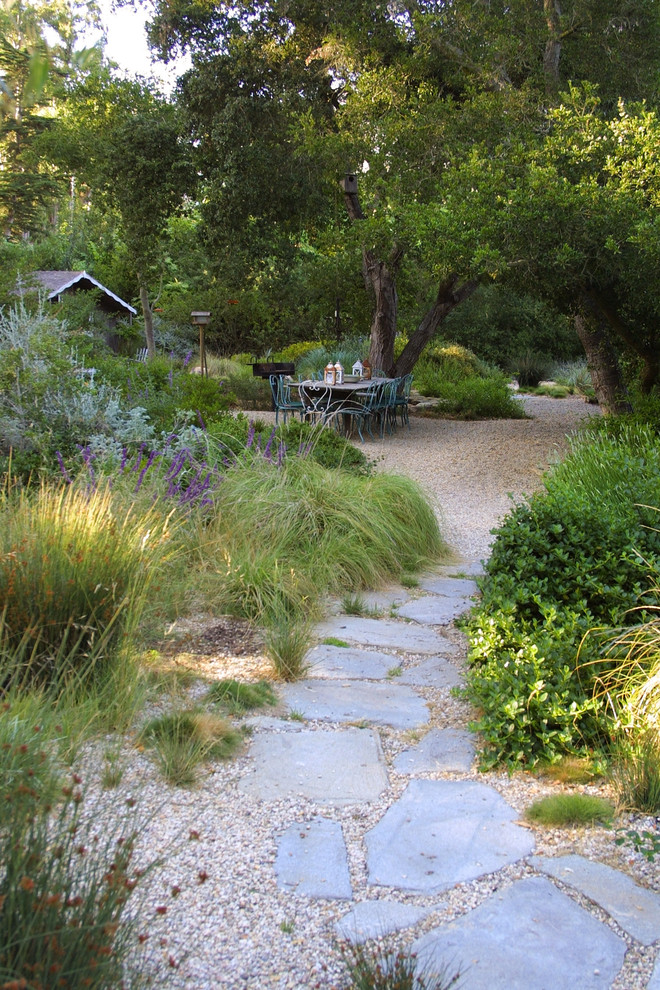 Design ideas for a large mediterranean backyard garden in Santa Barbara.