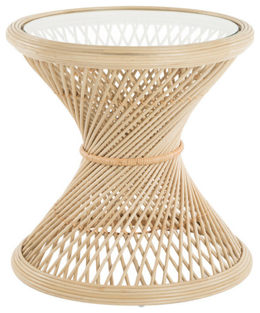 Pea Rattan Side Table With Glass, Round Rattan Side Table
