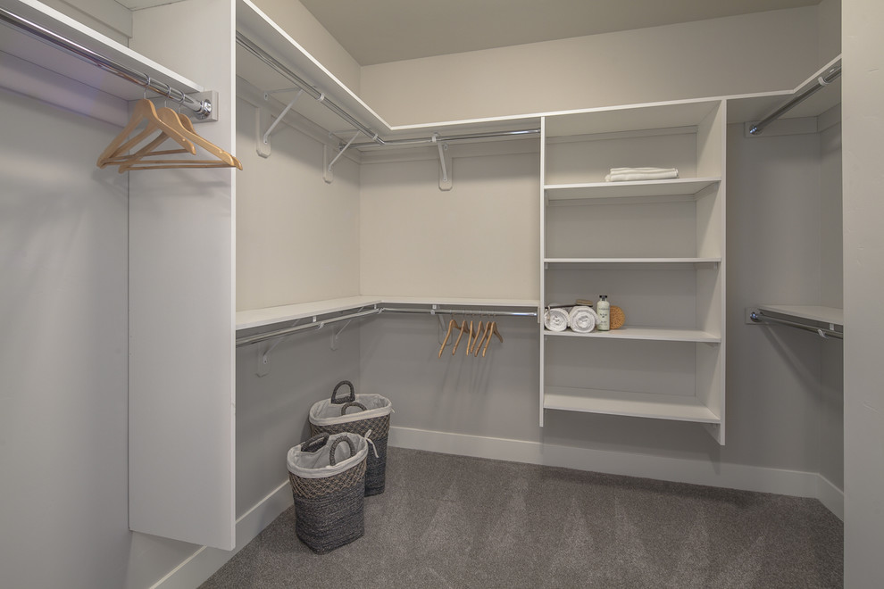 Photo of a mid-sized transitional gender-neutral walk-in wardrobe in Other with open cabinets, white cabinets, carpet and beige floor.