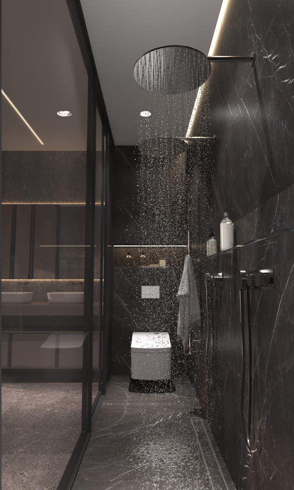 Ispirazione per una grande stanza da bagno padronale design con ante lisce, zona vasca/doccia separata, pareti marroni, pavimento in gres porcellanato, pavimento marrone, porta doccia scorrevole e due lavabi