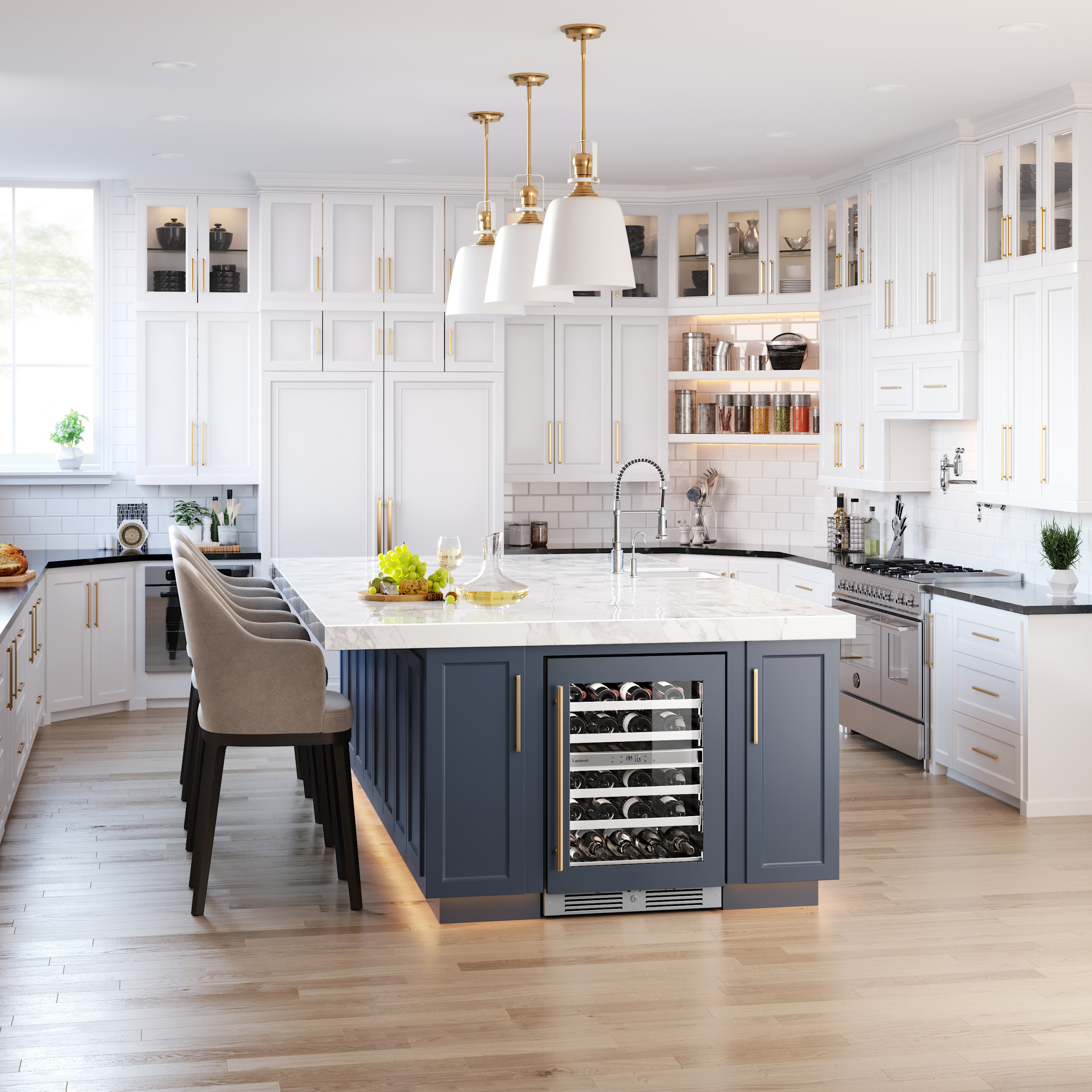 Transitional White Kitchen With Light Blue Cabinets and Brass