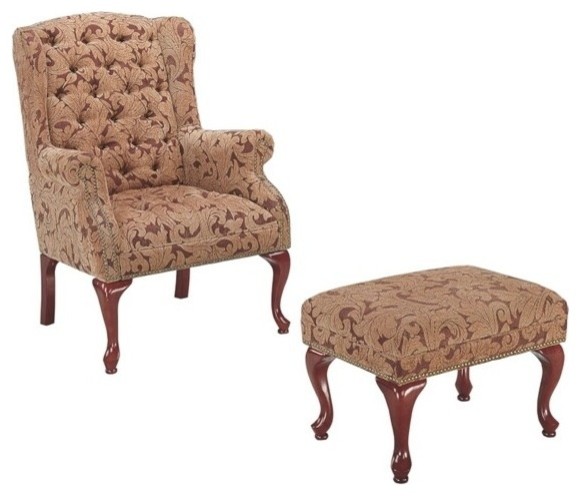 Button Tufted Wing Chair With Cherry Finish Legs And Nail Head Trim