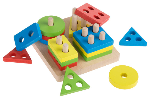 Wooden Geometric Sorting and Stacking Blocks by Hey! Play!