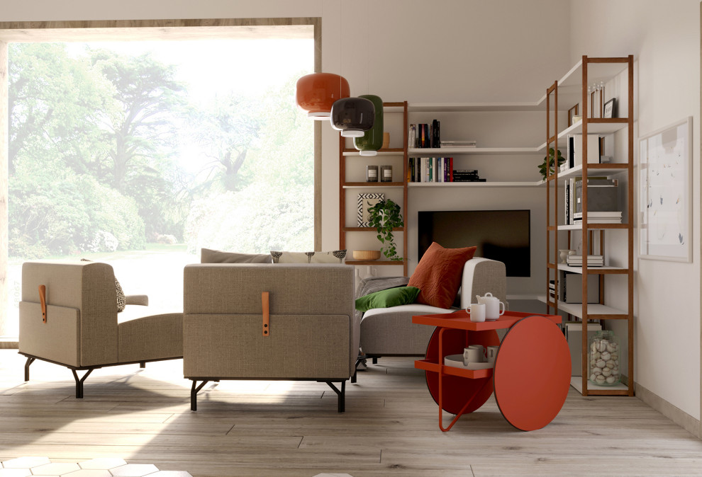 Modelo de sala de estar con biblioteca tipo loft escandinava de tamaño medio con paredes blancas, suelo de madera clara, televisor colgado en la pared, suelo blanco y madera