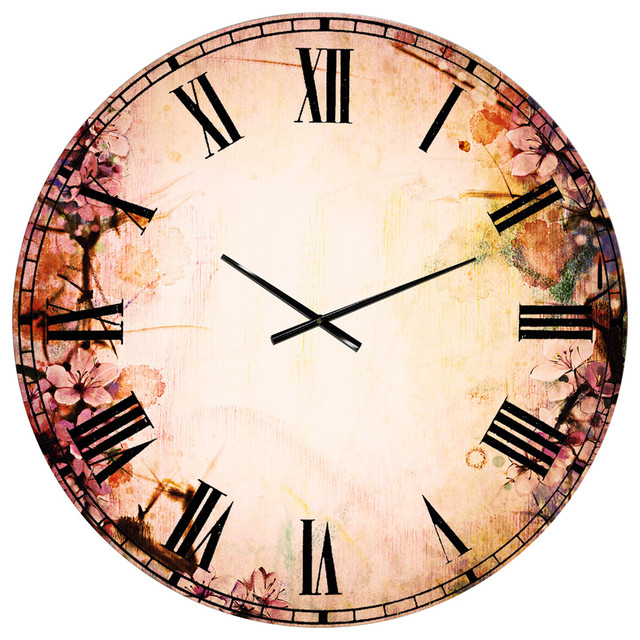 Pink Sakura On Blurred Background Floral Round Metal Wall Clock Asian Wall Clocks By Design Art Usa