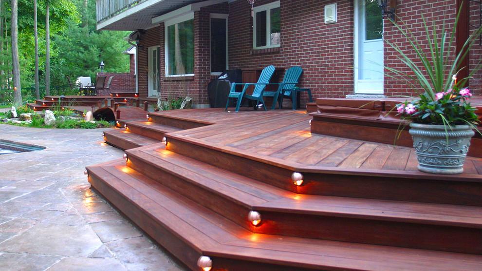 Mid-sized transitional backyard deck photo in Toronto with no cover