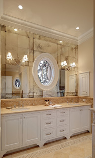 French bistro antique glass at Master Bath vanity ...