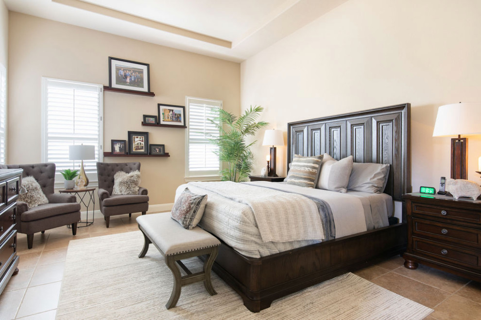 Inspiration for a modern master bedroom in Austin with ceramic floors and recessed.