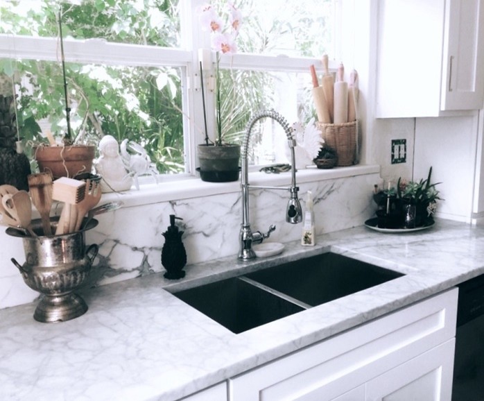 Inspiration for a small transitional painted wood floor and white floor kitchen remodel with an undermount sink, shaker cabinets, white cabinets, marble countertops, white backsplash, marble backsplash, stainless steel appliances, no island and white countertops
