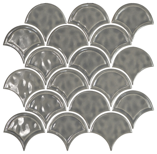 12"x12" Glazed Ceramic Fan Mosaic Tile, Dark Gray Contemporary Wall