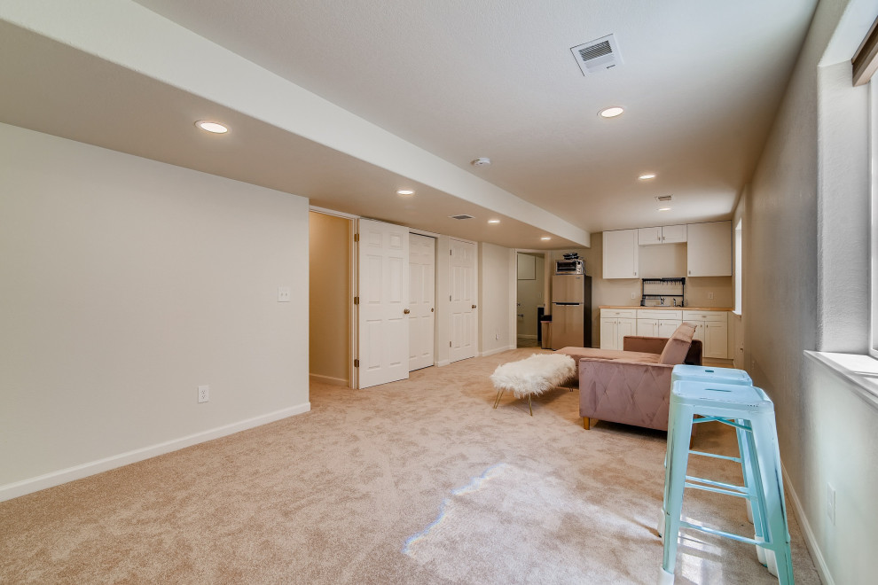 Photo of a traditional basement in Louisville with beige walls, carpet, no fireplace and beige floor.