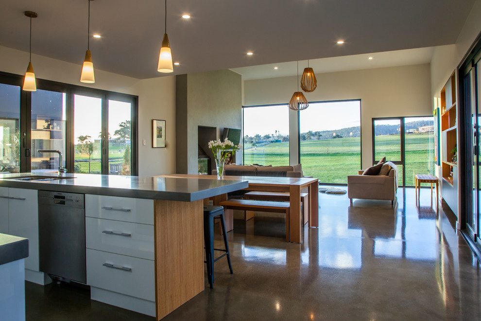 Mid-sized contemporary galley eat-in kitchen in Hobart with a double-bowl sink, flat-panel cabinets, white cabinets, concrete benchtops, stainless steel appliances, concrete floors and with island.