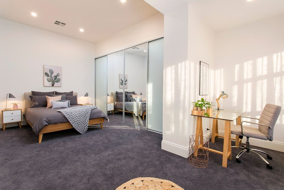 Design ideas for a mid-sized contemporary master bedroom in Adelaide with white walls, carpet, no fireplace and grey floor.