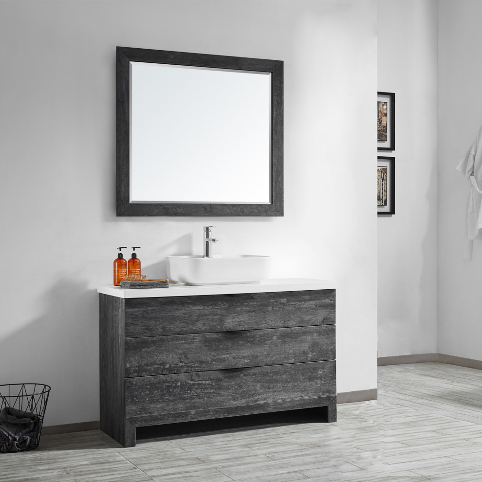 Design ideas for a small contemporary 3/4 bathroom in Los Angeles with flat-panel cabinets, grey cabinets, a freestanding tub, a curbless shower, a bidet, white tile, marble, white walls, painted wood floors, a vessel sink, quartzite benchtops, white floor, an open shower, white benchtops, a shower seat, a single vanity, a freestanding vanity, vaulted and wood walls.