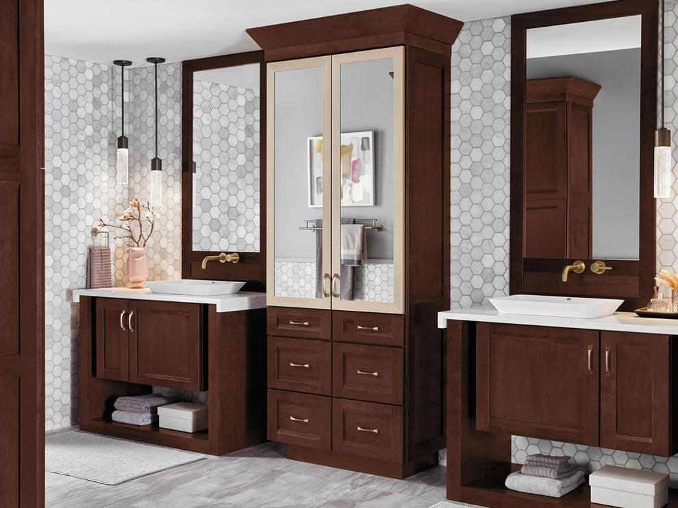 Huge transitional master gray tile and ceramic tile marble floor and gray floor bathroom photo in Indianapolis with dark wood cabinets, gray walls and a vessel sink