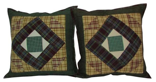 Hand Quilted Cotton Patchwork Toss Pillow, Square Diamond, Set Of 2