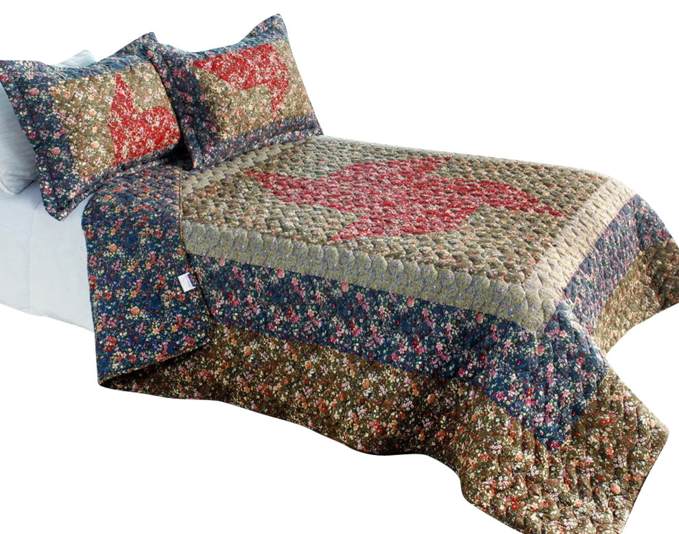 Auspicious Windmill3PC Foral Vermicelli-Quilted Patchwork Quilt Set Full/Queen