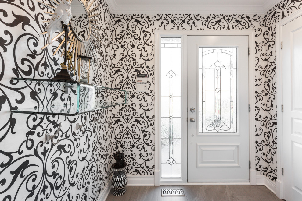 Medium sized classic vestibule in Montreal with white walls, porcelain flooring, a double front door, a grey front door, grey floors, a coffered ceiling and wallpapered walls.