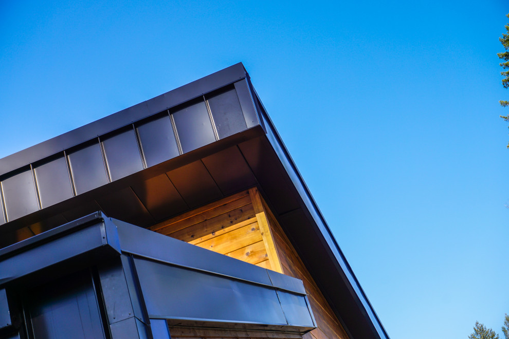 Immagine della facciata di una casa grigia contemporanea a un piano di medie dimensioni con rivestimento in metallo, copertura in metallo o lamiera e tetto grigio