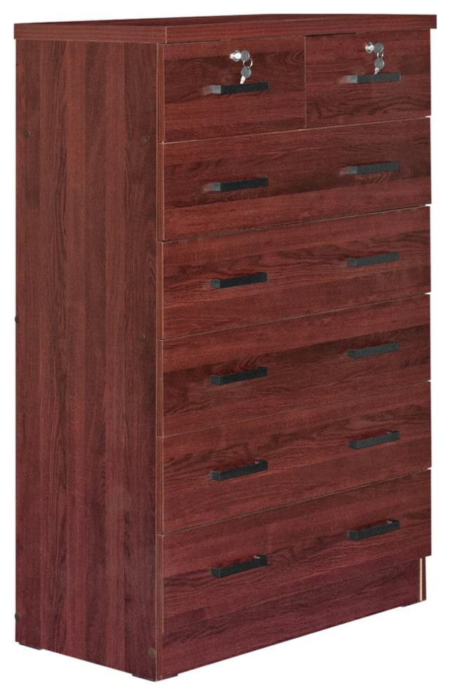 Better Home Products Cindy 7 Drawer Chest Wooden Dresser with Lock in Mahogany Transitional