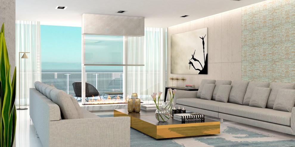 This is an example of a large contemporary formal open concept living room in Miami with white walls, porcelain floors, a standard fireplace, a stone fireplace surround, no tv and white floor.