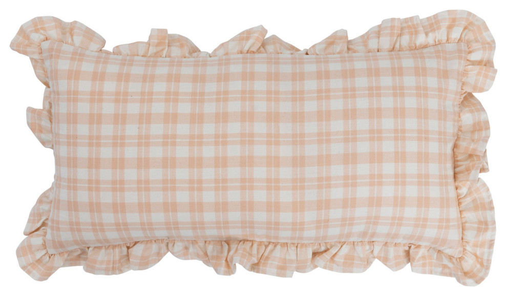 Cotton Lumbar Plaid Pillow With Ruffle