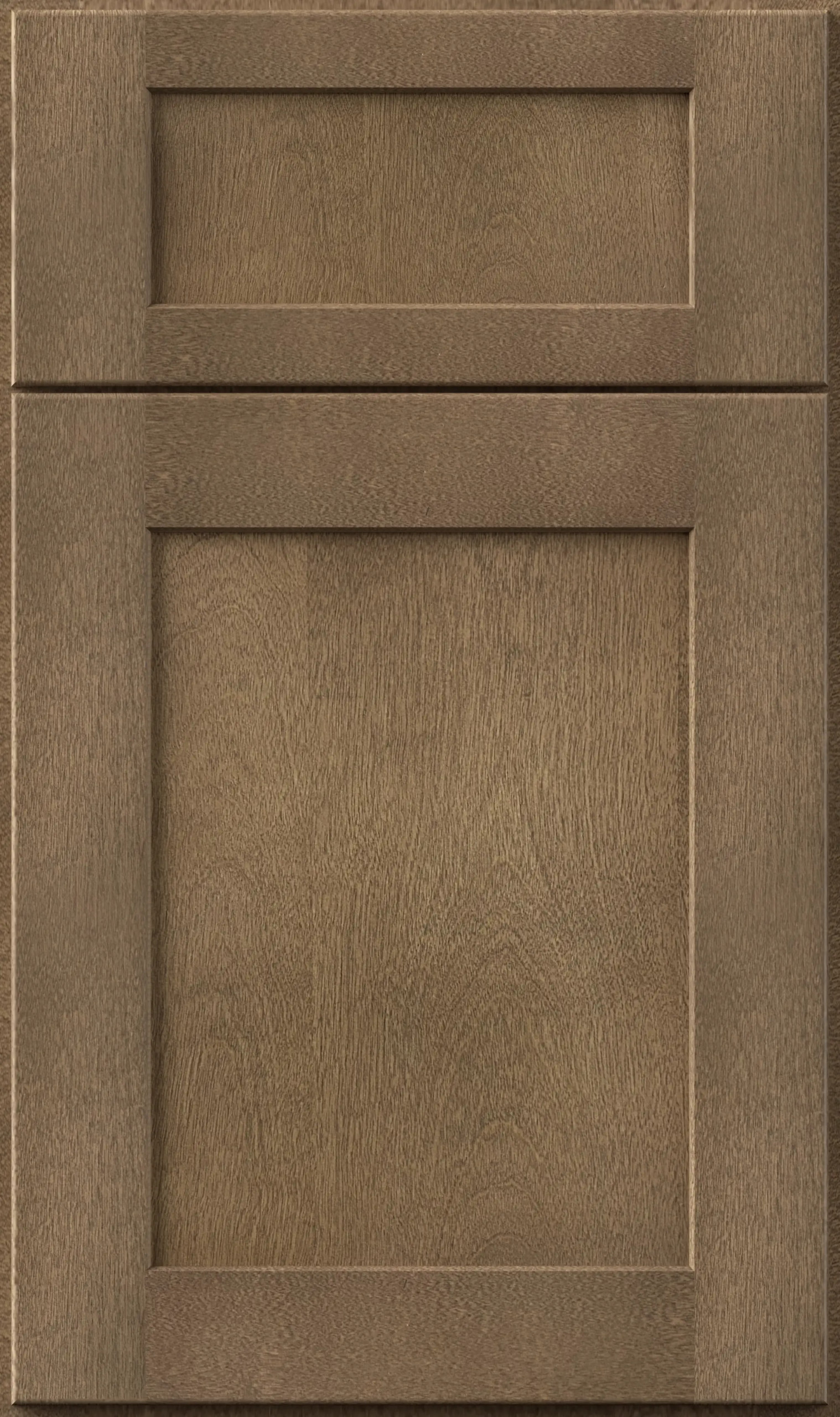 Mocha Shaker cabinet door with wood grain finish, recessed center panel and square edges