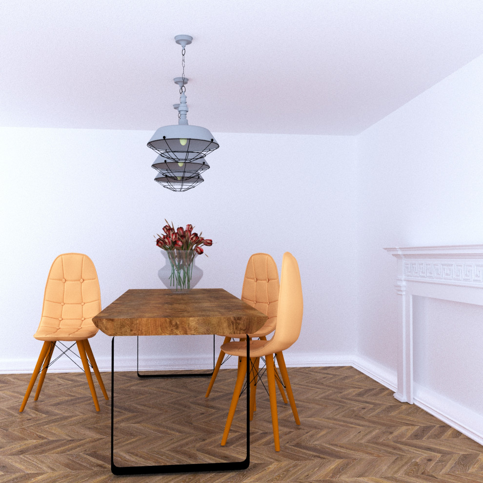 Дизайн столовой зоны с камином в греческом стиле