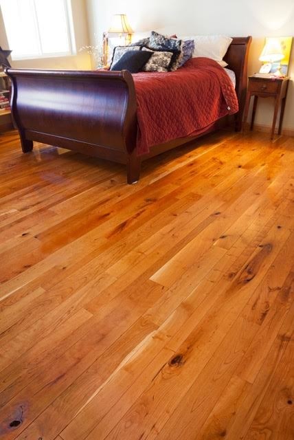 Bedroom - rustic medium tone wood floor and red floor bedroom idea in Phoenix