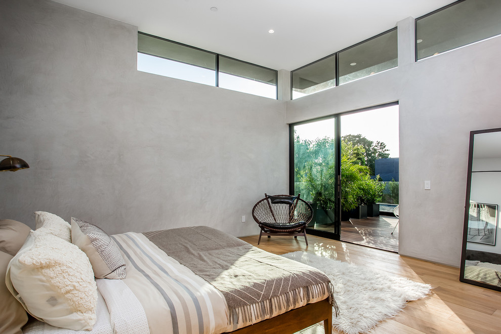 Inspiration for a contemporary master bedroom in Los Angeles with grey walls and light hardwood floors.