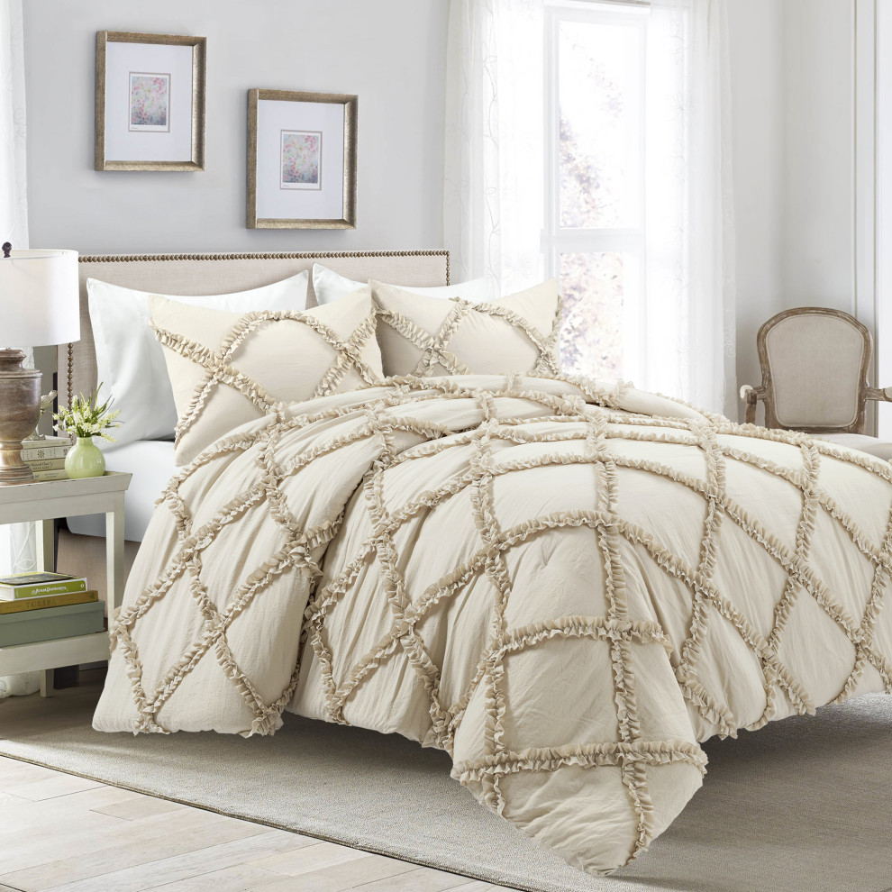 Ruffle Diamond Comforter Set Neutral 3Pc Set Full/Queen, Full/Queen Contemporary Comforters