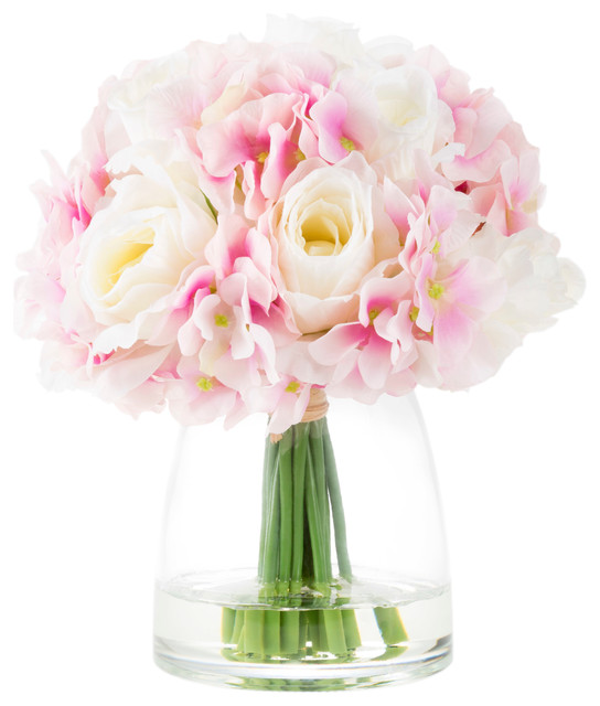 Hydrangea And Rose Artificial Flowers Vase And Faux Water White