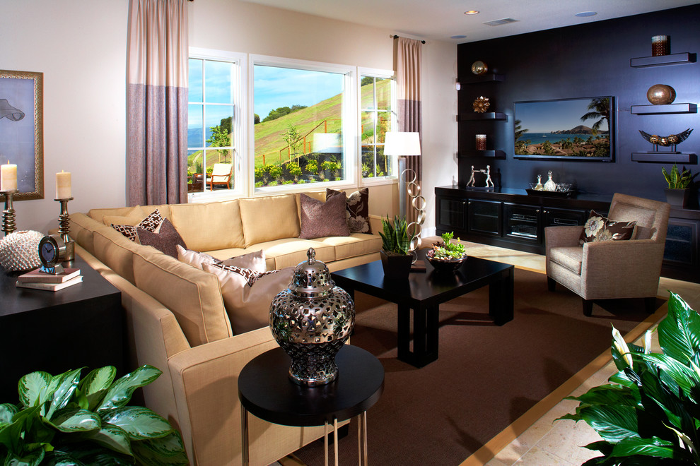 Large transitional open concept family room in San Francisco with beige walls and a wall-mounted tv.