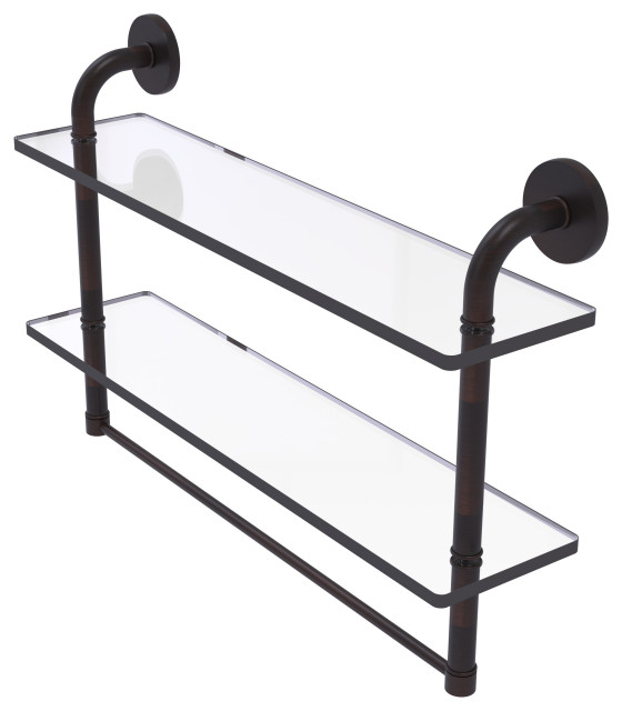 Remi Two Tiered Glass Shelf with Towel Bar, 22" Transitional Display And Wall Shelves by