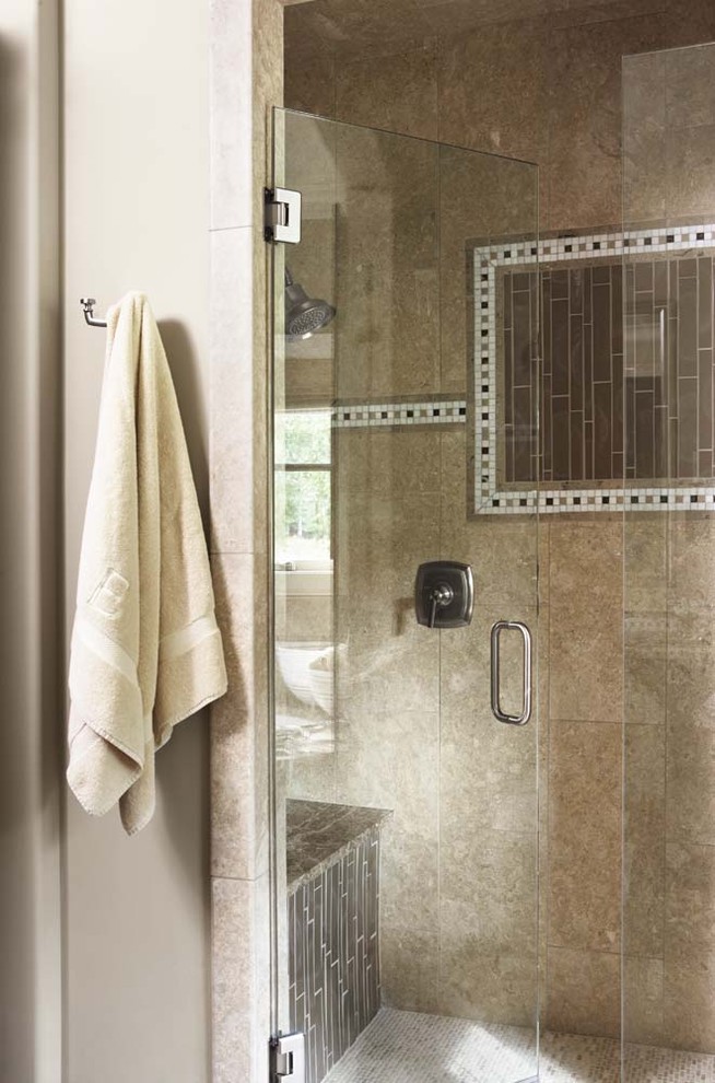 Photo of a large contemporary master bathroom in Other with an alcove shower, beige tile, mosaic tile and beige walls.