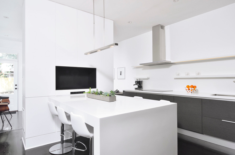 This is an example of a mid-sized modern single-wall eat-in kitchen in DC Metro with an undermount sink, flat-panel cabinets, black cabinets, stainless steel appliances, solid surface benchtops and dark hardwood floors.
