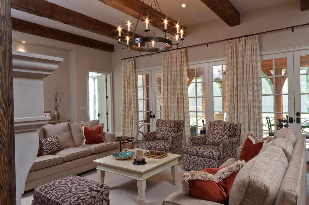 Inspiration for a transitional family room in Other with beige walls.