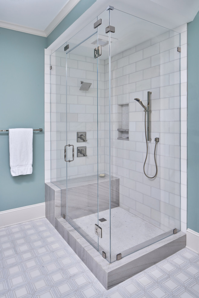 Design ideas for a medium sized classic ensuite bathroom in Charlotte with recessed-panel cabinets, grey cabinets, a freestanding bath, a corner shower, white tiles, marble tiles, green walls, mosaic tile flooring, a submerged sink, quartz worktops, white floors, a hinged door, grey worktops, a shower bench, double sinks and a freestanding vanity unit.