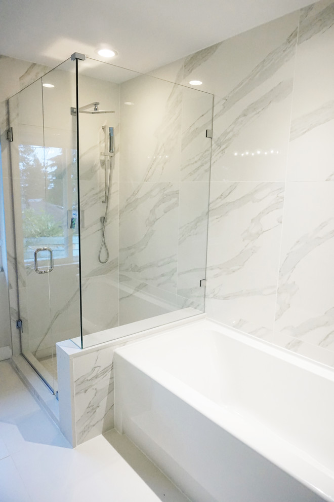 Large contemporary master bathroom in Vancouver with flat-panel cabinets, medium wood cabinets, a corner tub, an alcove shower, a one-piece toilet, white tile, porcelain tile, white walls, ceramic floors, a drop-in sink and engineered quartz benchtops.