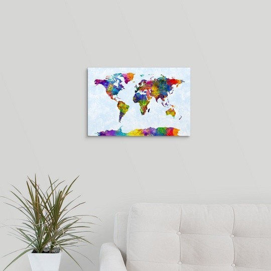 "Watercolor Map of the World Map" Wrapped Canvas Art Print, 18"x12 ...